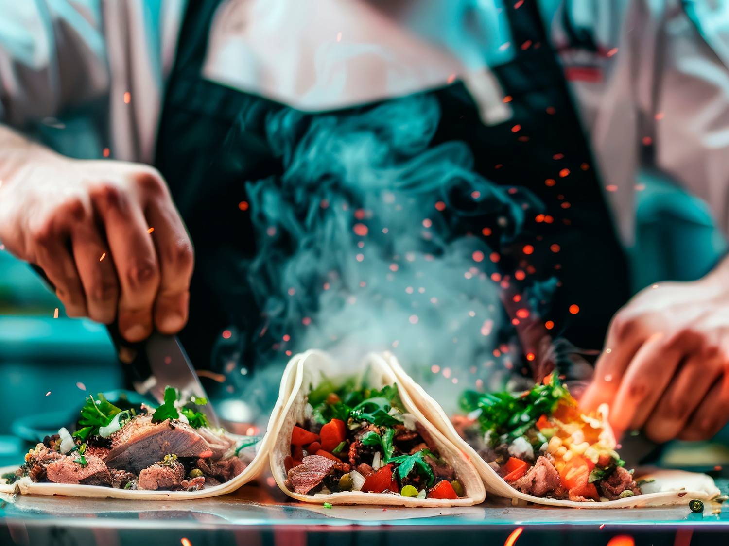 chef preparing authentic Mexican street tacos with sizzling meat, onions, and cilantro