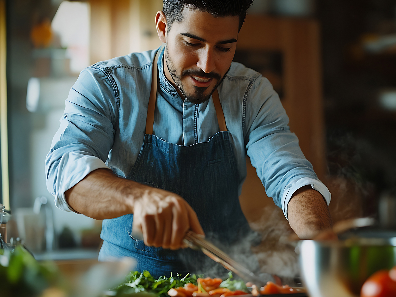 Handsome hispanic chef cooking at kitchen at home : Generative A